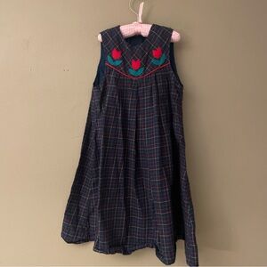 Girls Size 8 Navy Plaid Sleeveless Dress with Red Tulip Embroidery Made in USA